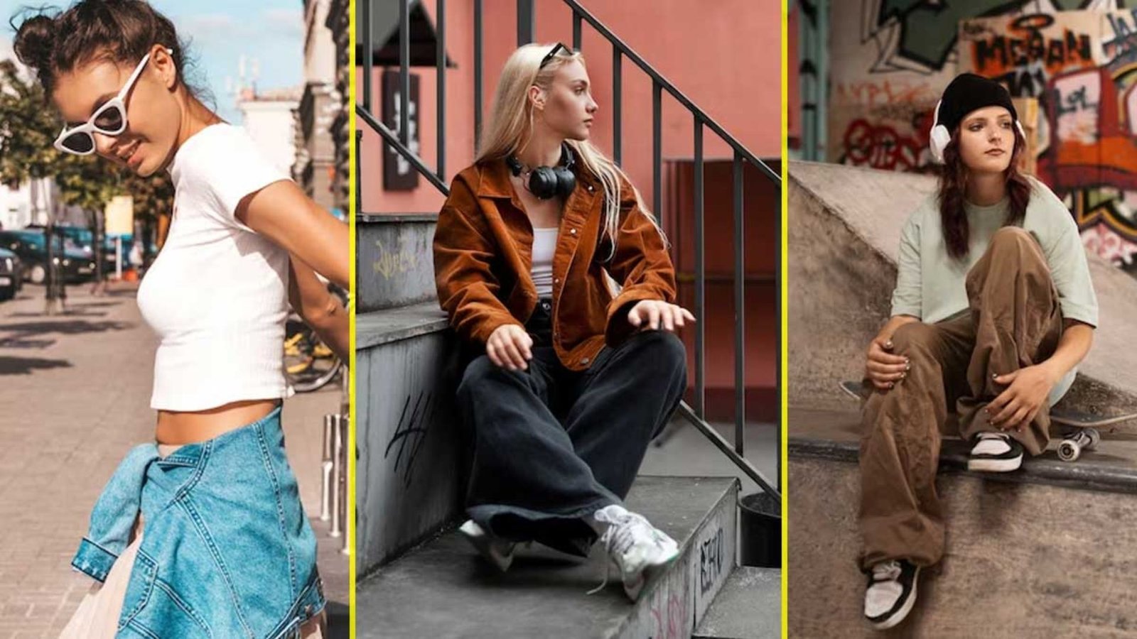 Three images of women dressed in casual jeans and sneakers, showcasing different styles and poses.