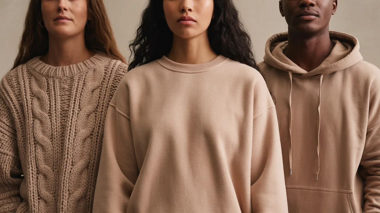 A group of three people dressed in beige sweaters poses for a photo, showcasing their friendly expressions.