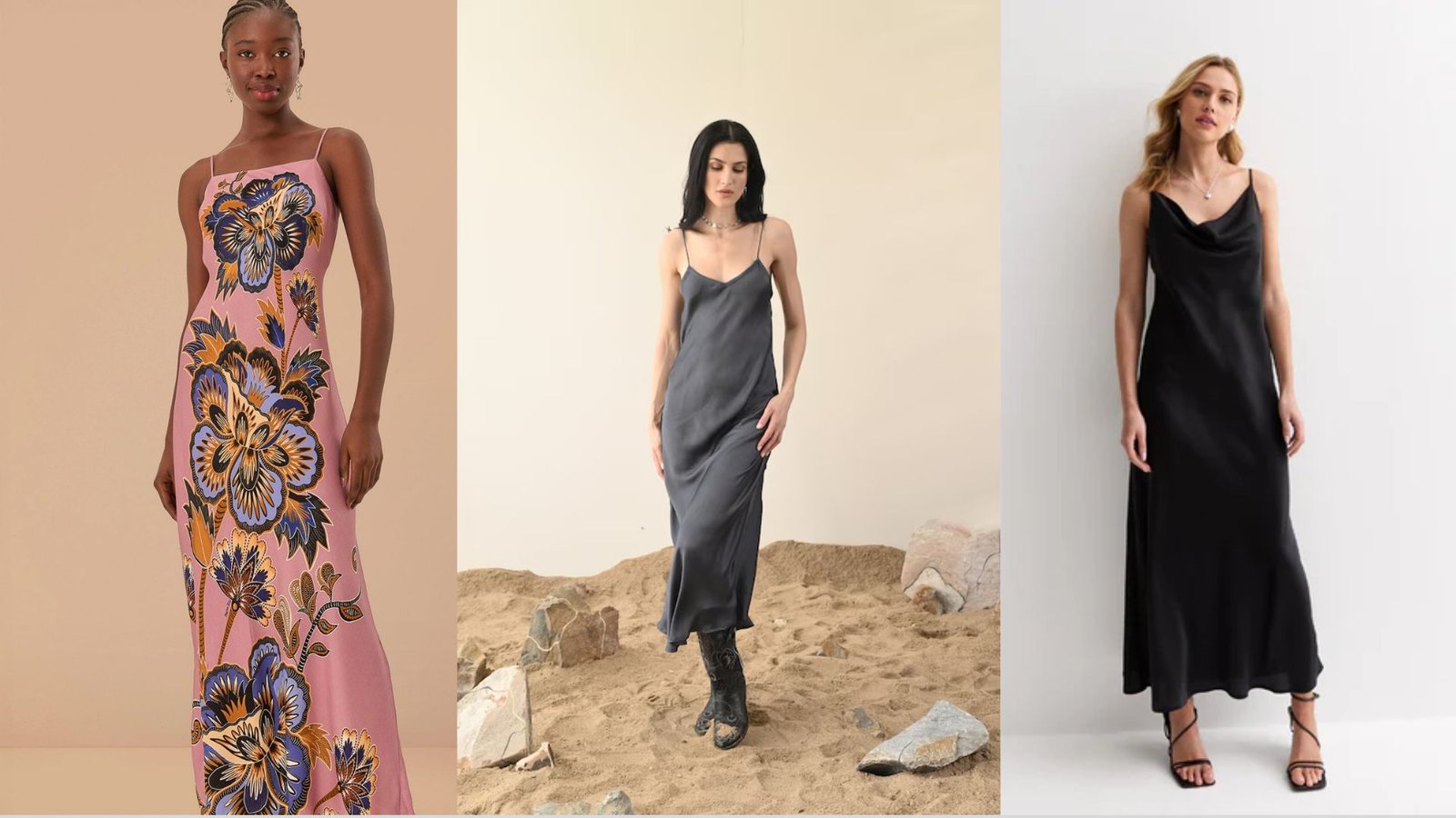A collection of four dresses in distinct styles and colors, highlighting diverse fashion choices for women.