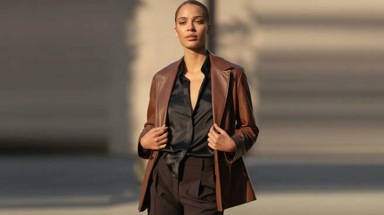 A woman wearing a black shirt and a brown jacket stands confidently, showcasing her casual yet stylish outfit.