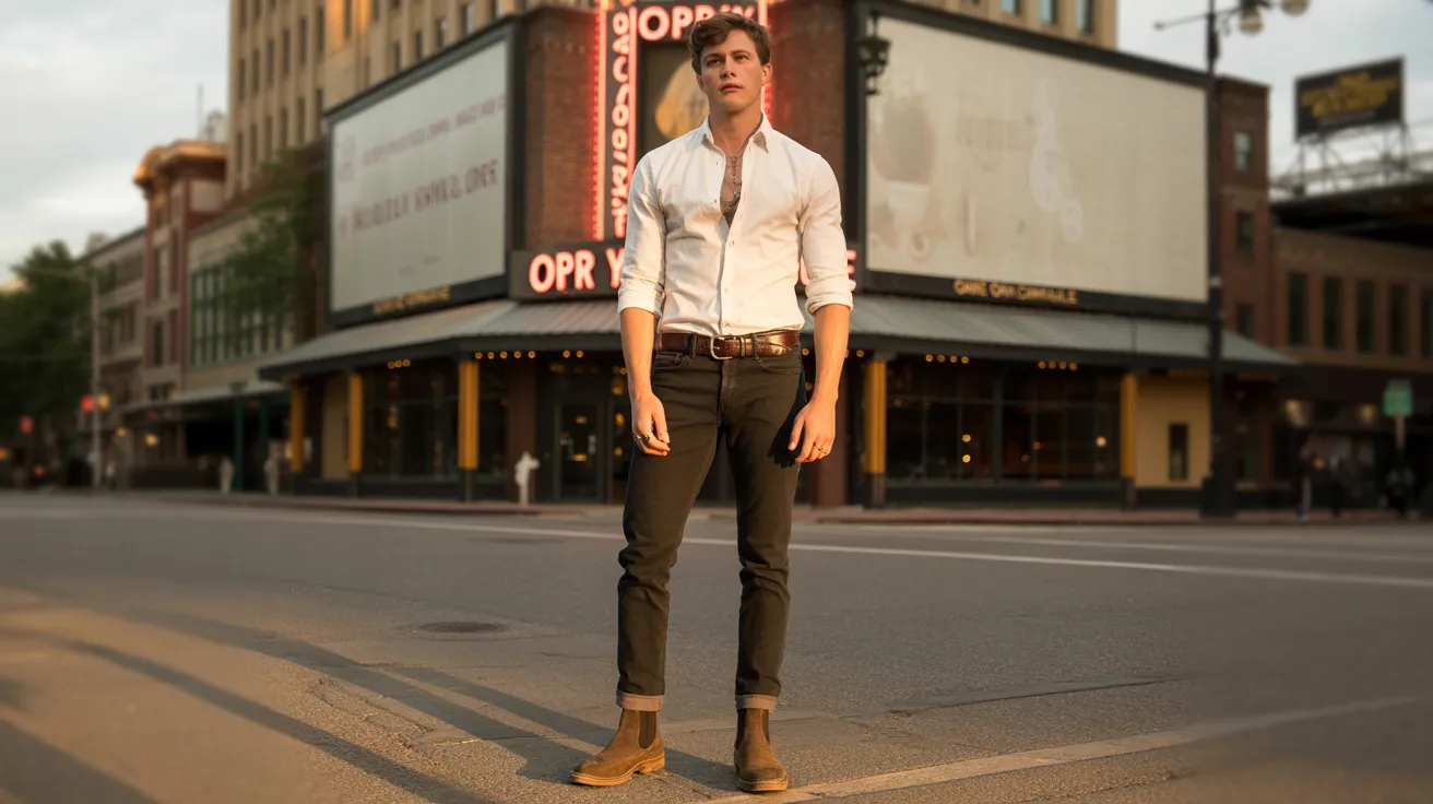 A man in a white shirt and black pants stands in the middle of a bustling city street.