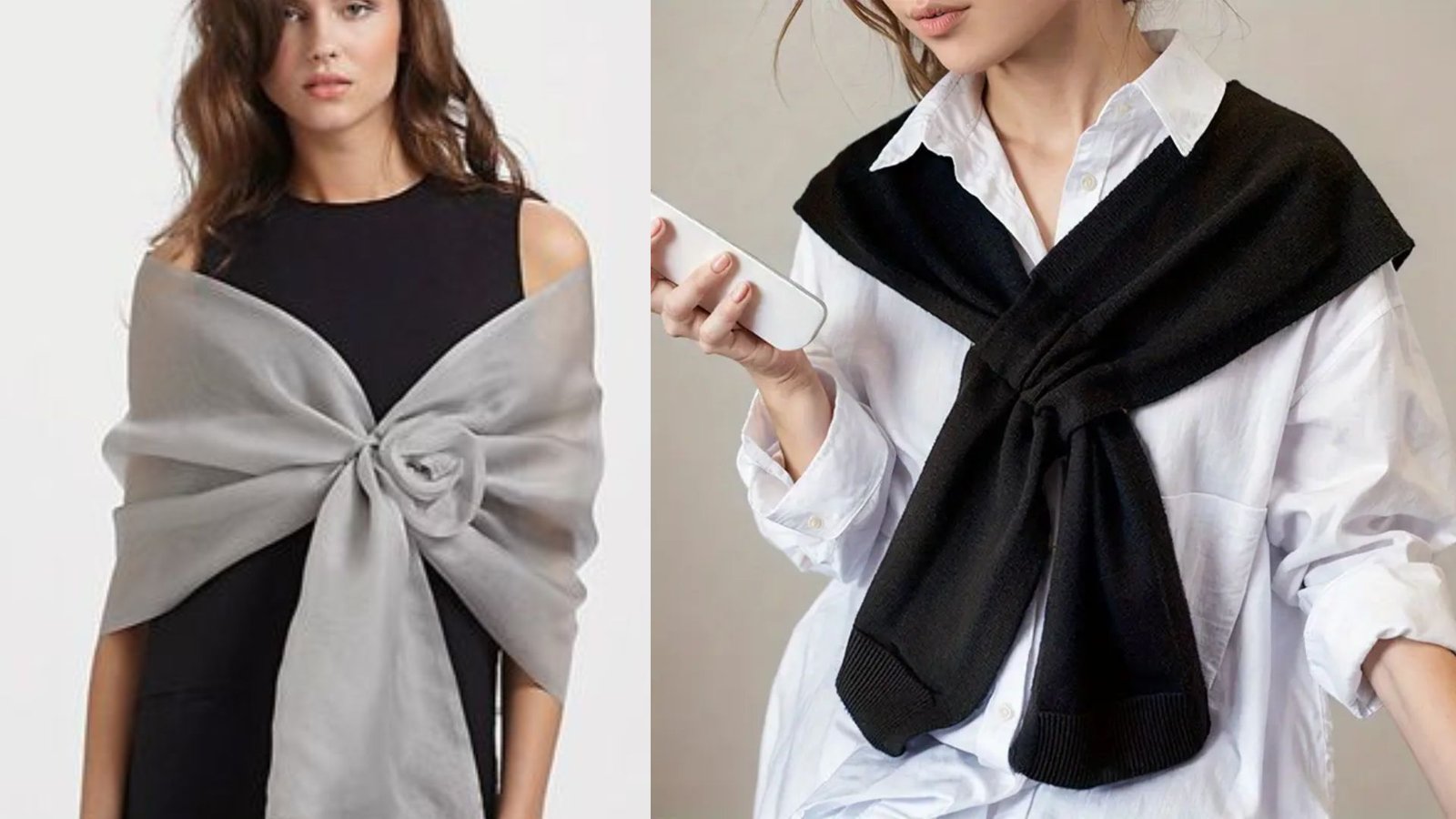 Two images of a woman wearing a stylish black and white scarf, showcasing different angles and expressions.