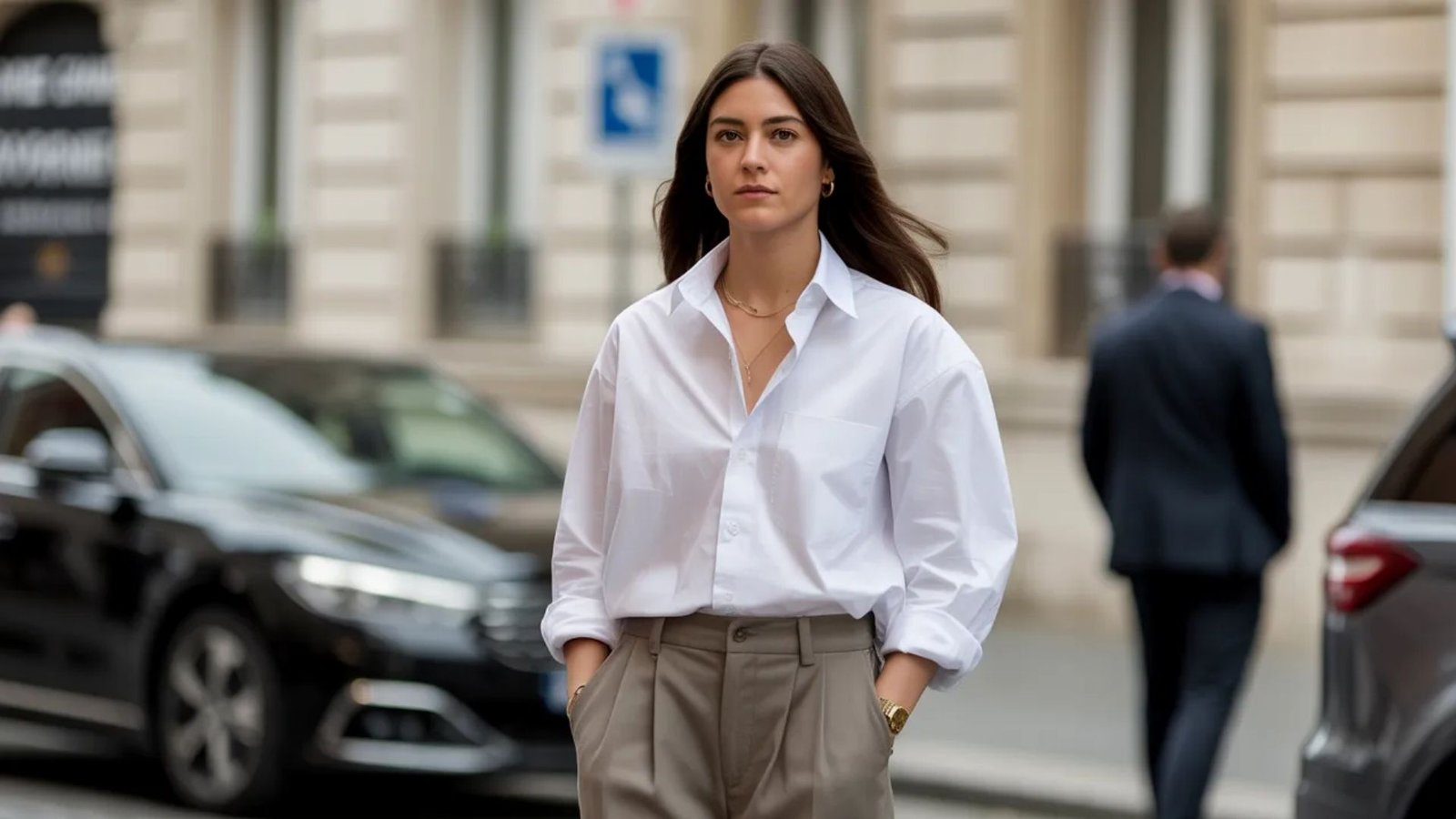 A woman wearing a white shirt and pants walks leisurely down the sidewalk.