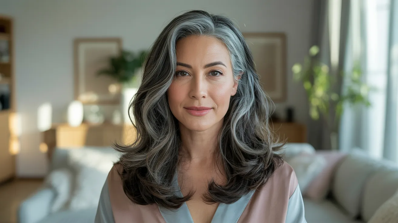 A woman with gray hair smiling warmly, exuding joy and friendliness.