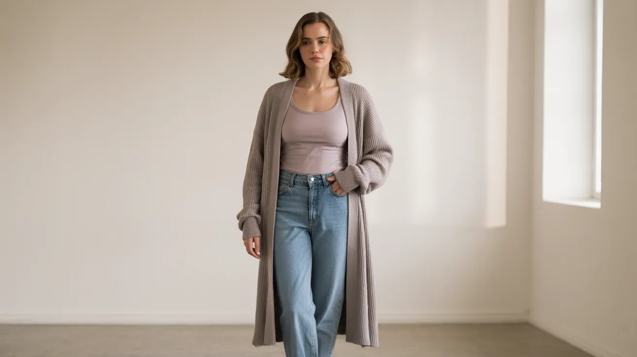 A long grey cardigan draped elegantly, highlighting its cozy texture and relaxed fit.