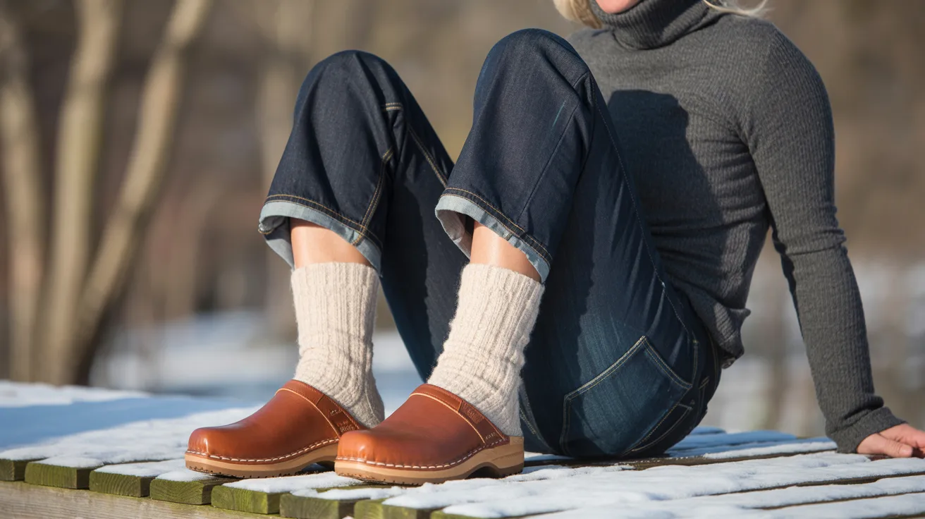 A woman in clogs sits on a snow-covered bench, surrounded by a winter landscape.