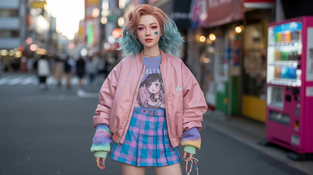 A girl with pink hair and a pink jacket walks down the street, surrounded by urban scenery.