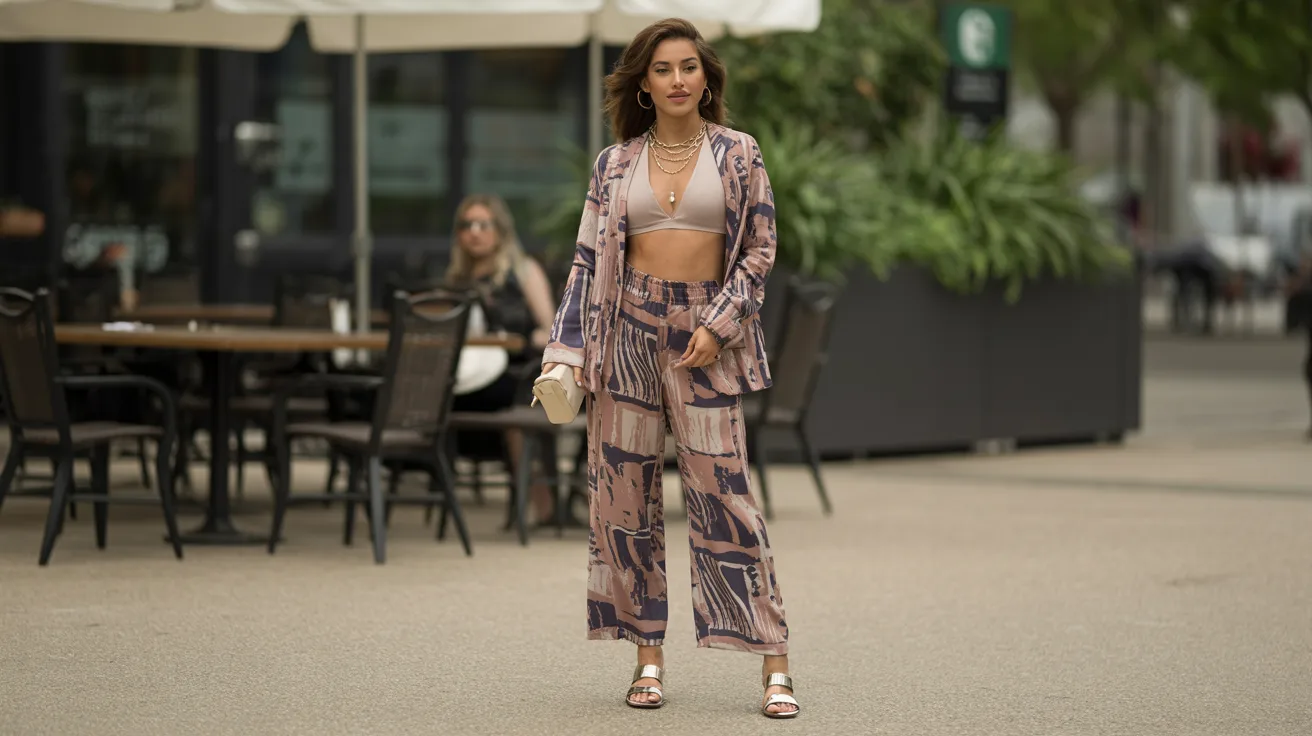 A woman wearing a crop top and pants stands confidently on a sidewalk, surrounded by urban scenery.