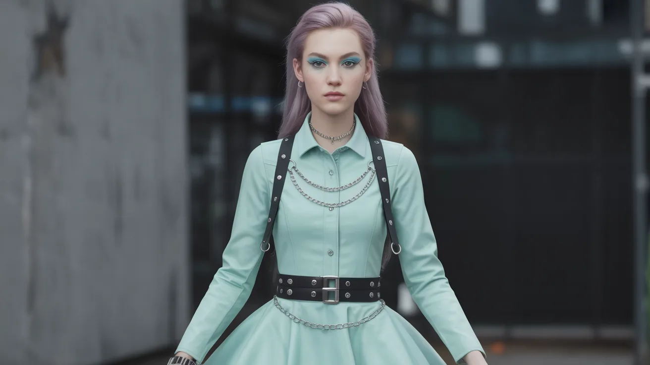 A woman with purple hair, elegantly dressed in a blue dress, presents a captivating and artistic appearance.