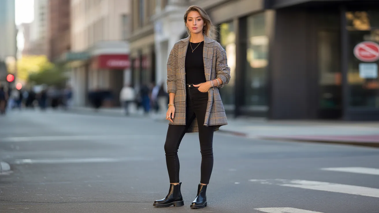 A woman dressed in a black and white outfit poses on a bustling street, showcasing her stylish look against the urban backdrop.