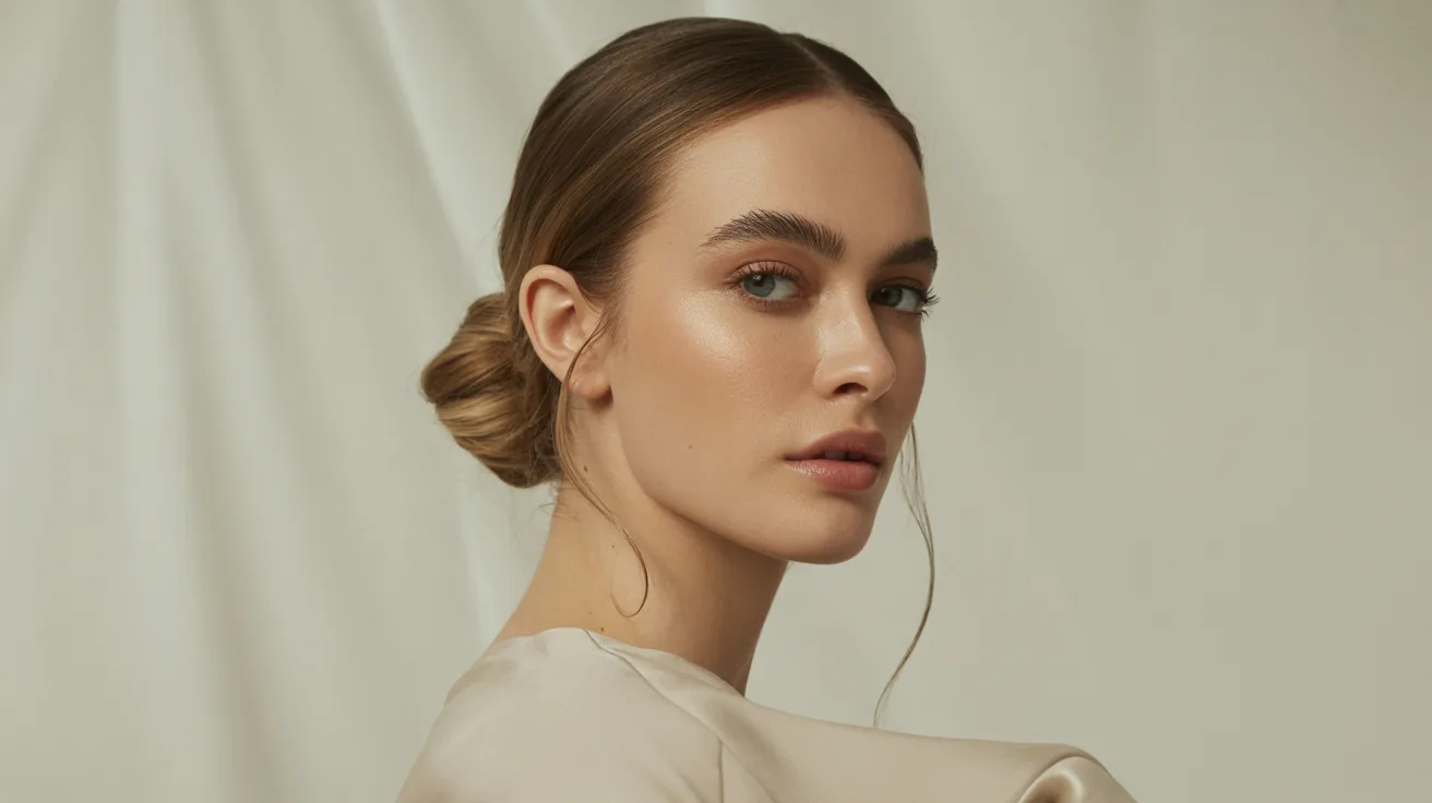 A woman with a neat bun, dressed casually, gazing thoughtfully