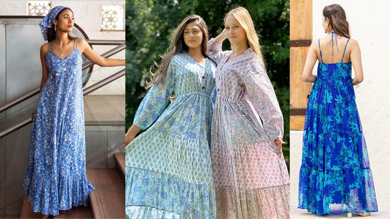 Four images of women in various long dresses, showcasing different styles and colors in a fashion setting.
