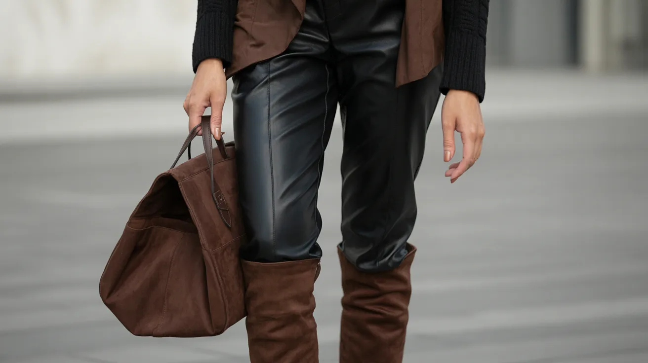A woman in a brown sweater and leather pants stands, exuding a chic and modern style.