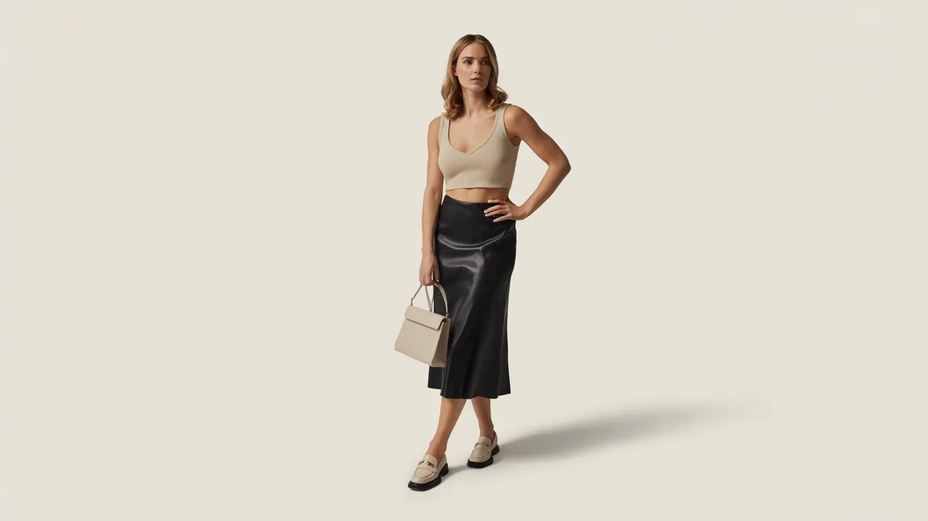 A woman stands confidently in a black skirt and top, showcasing a stylish and elegant appearance.