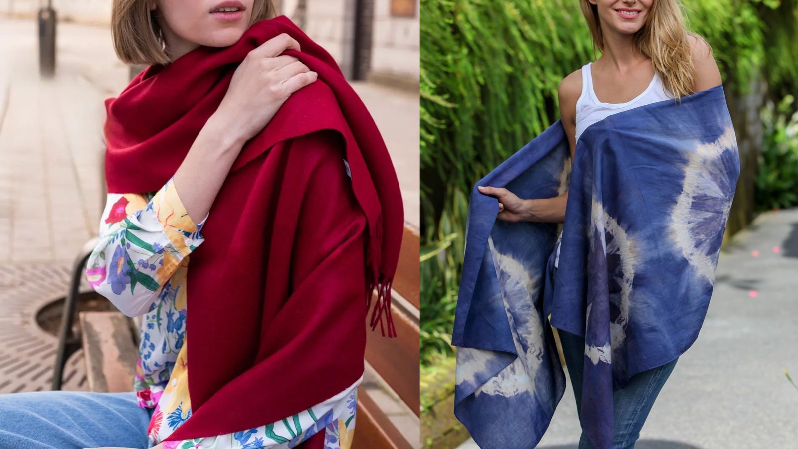 Two women, one in a blue and red scarf, the other in a different scarf, are standing side by side, smiling warmly.