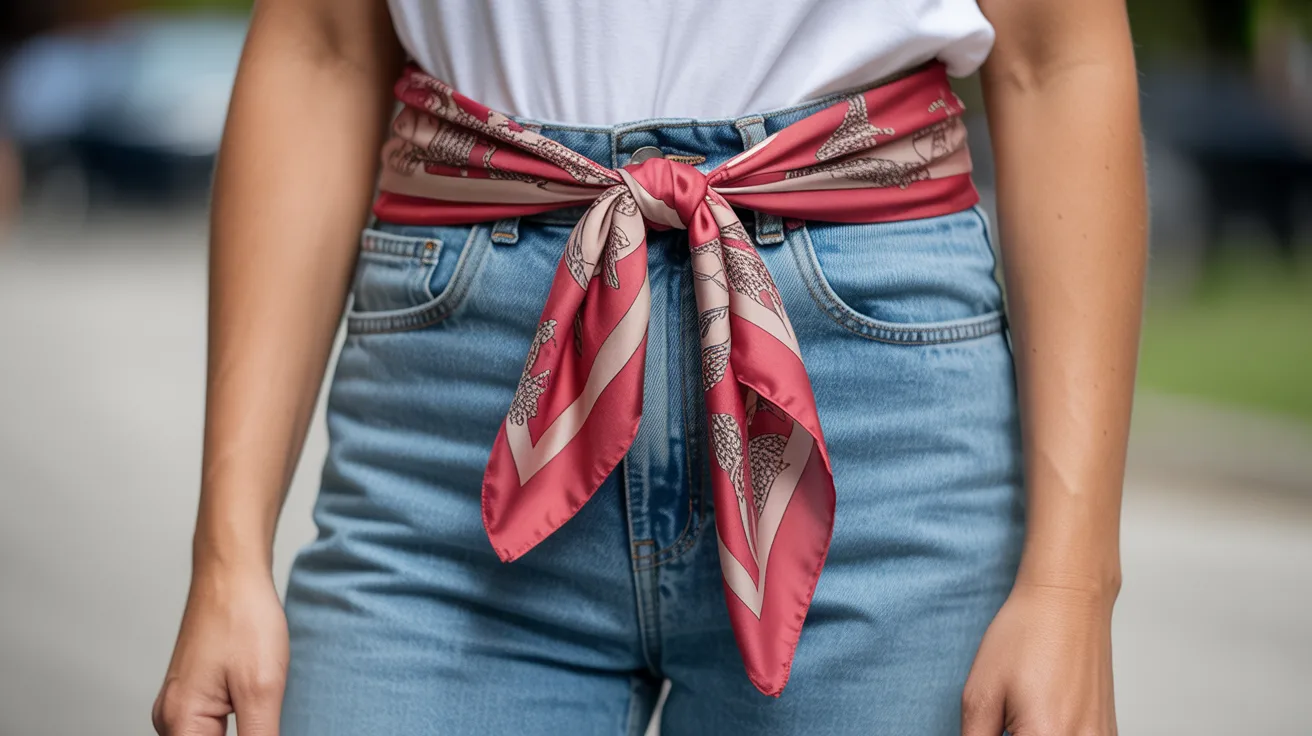 A woman stands with a red scarf tied around her waist, adding a pop of color to her outfit.