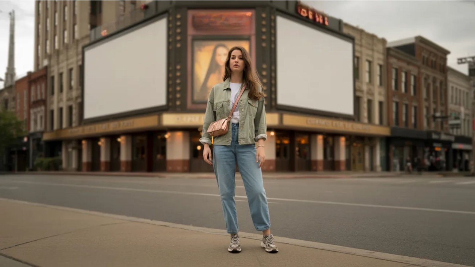 A woman in jeans and a jacket stands confidently in front of a theater entrance, ready for an evening performance.