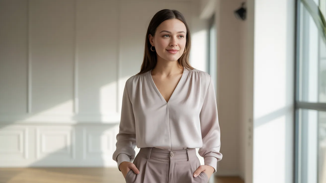 A woman in a gray blouse and pants stands alone in a spacious, empty room with neutral-colored walls.