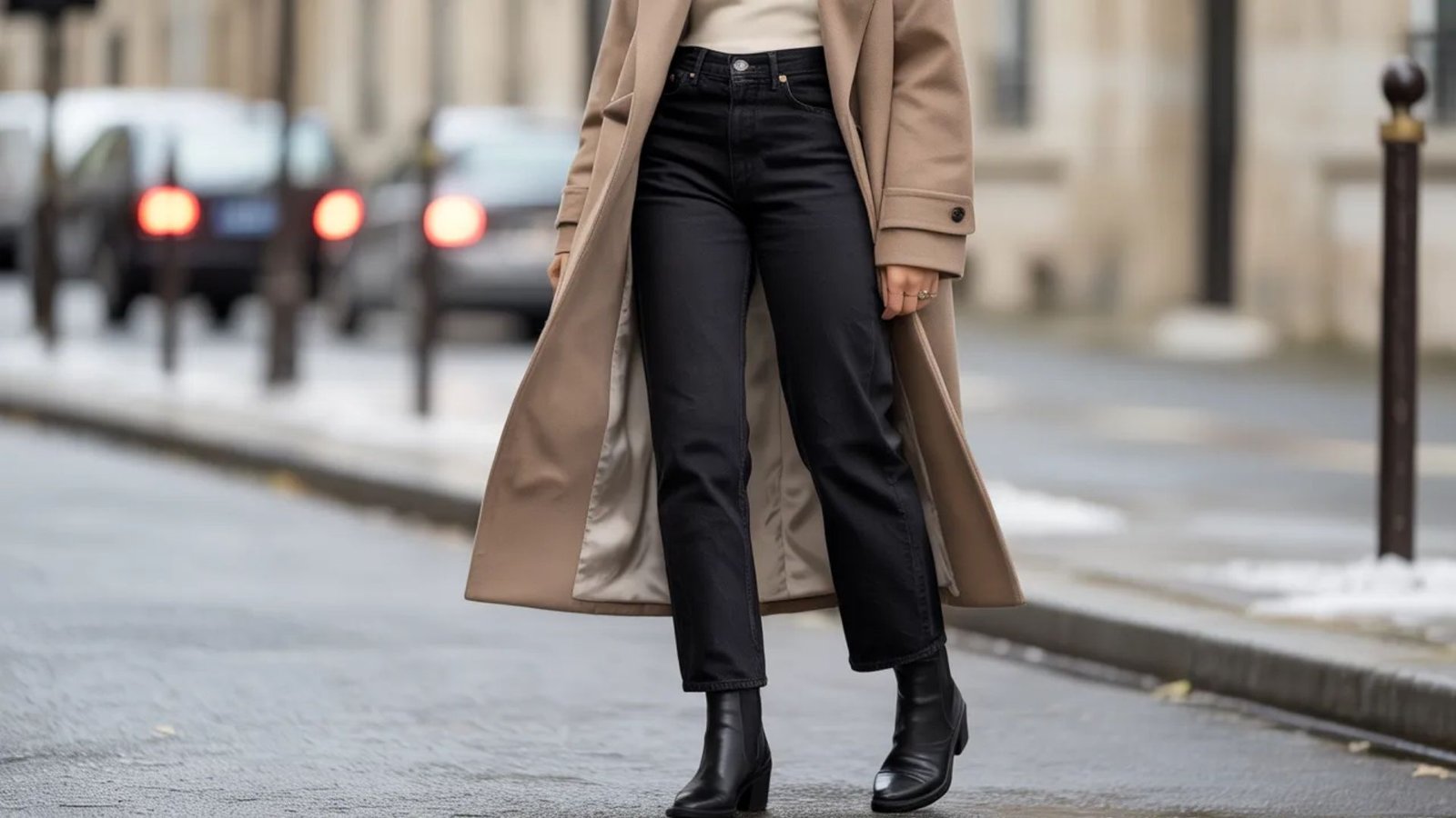 A woman wearing black pants and a camel coat stands confidently, showcasing a stylish and modern outfit.