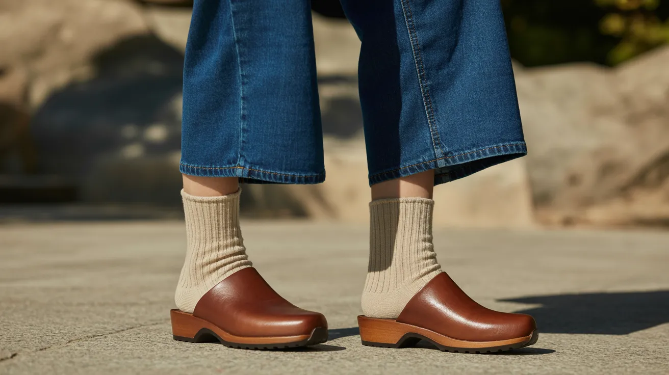 A woman stands wearing brown boots and blue jeans, showcasing a casual and stylish outfit.