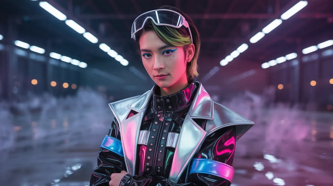 A young man dressed in a neon jacket and sunglasses smiles, reflecting a bold and fashionable style.
