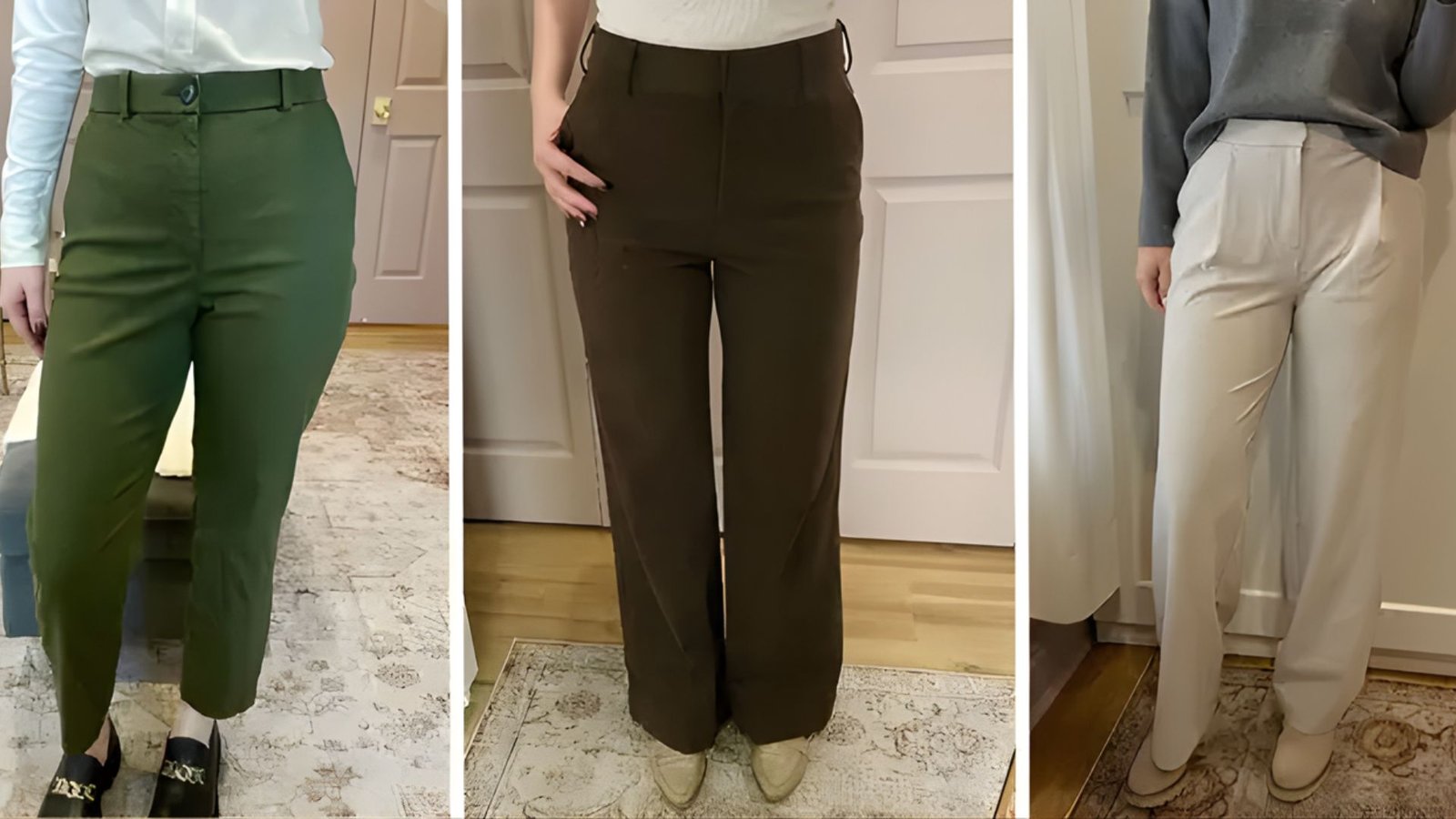Four images of women showcasing various styles of high-waisted pants in different colors and patterns.