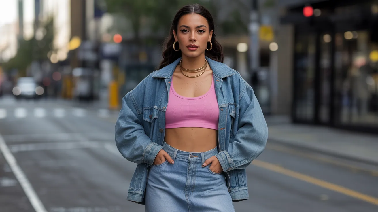 A woman wearing a pink top and denim skirt stands on a city street, looking confidently at the camera