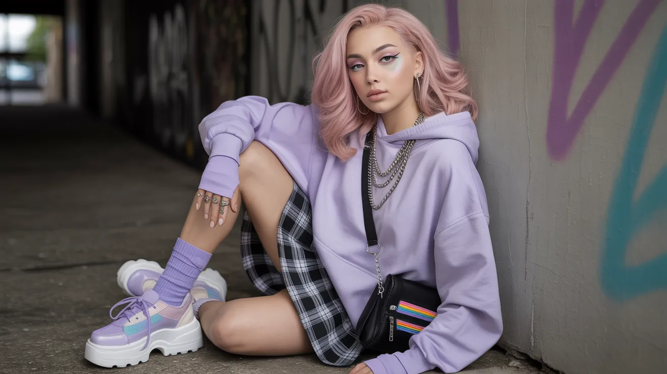 A woman with pink hair sits on the ground, wearing a purple hoodie, looking relaxed and casual.