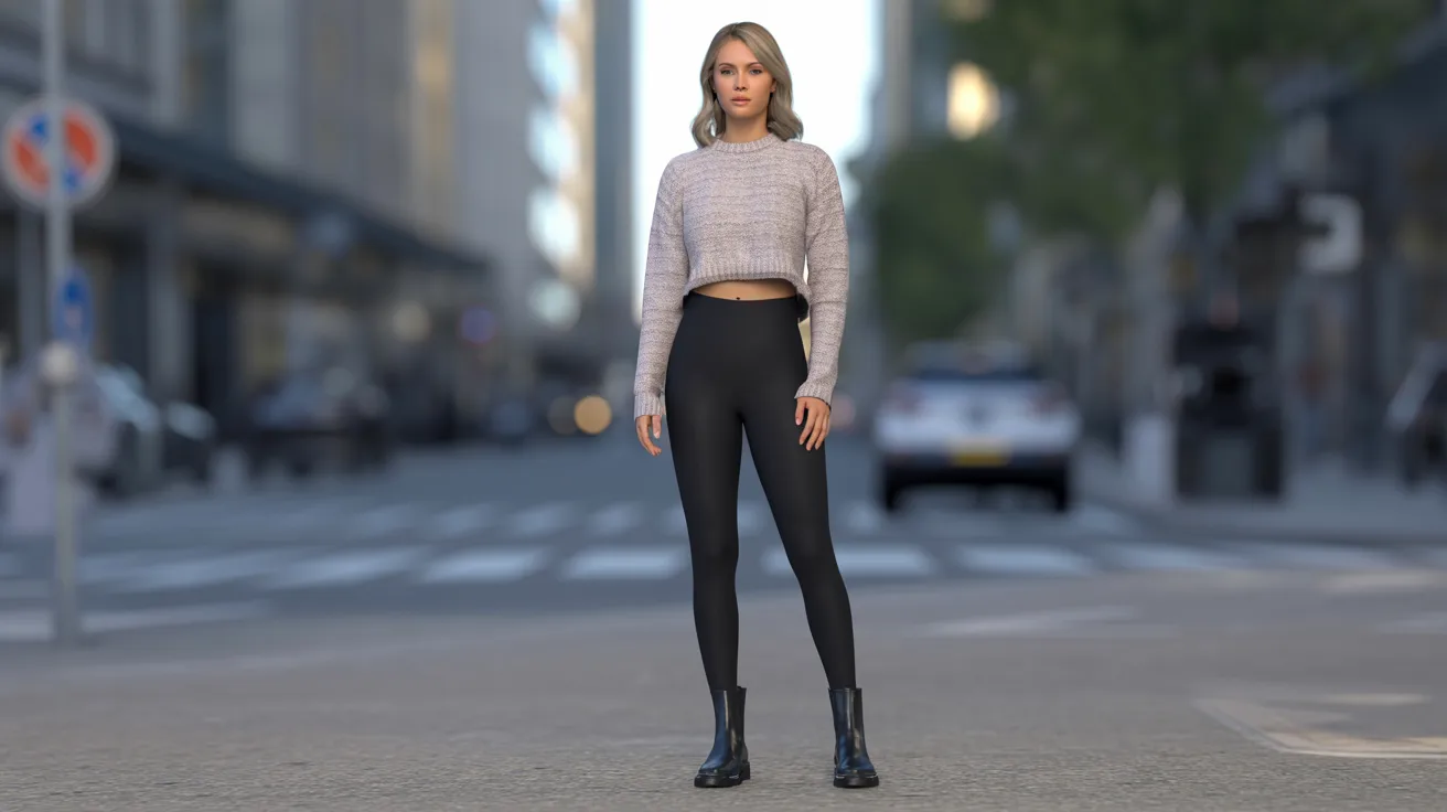 A woman wearing a sweater and black pants stands on a street, looking confidently at the camera.