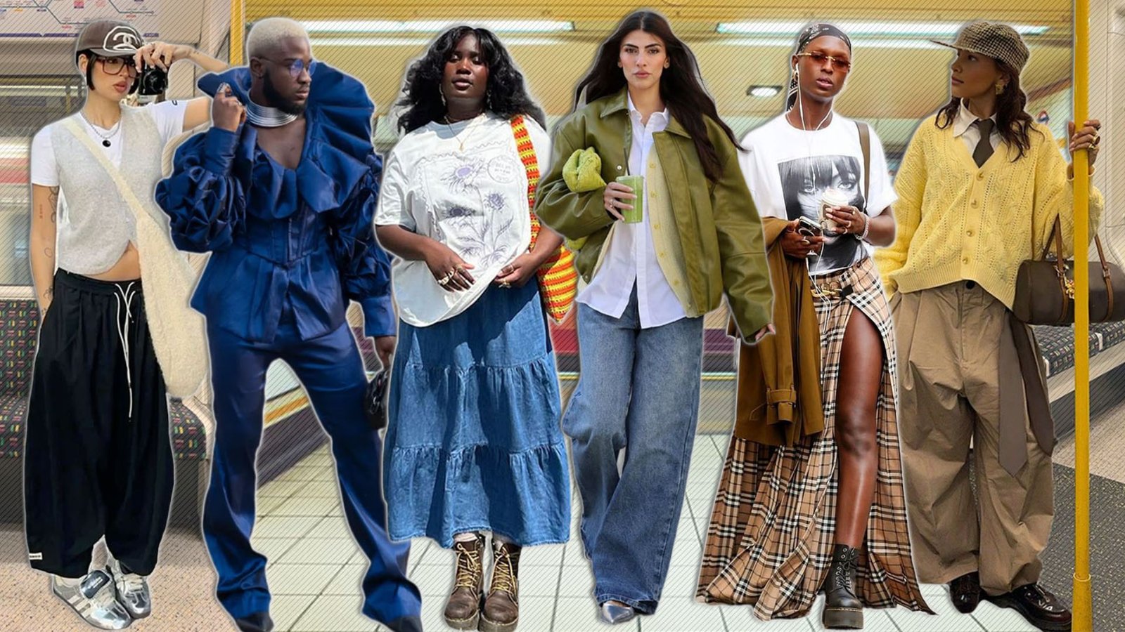 A collage featuring diverse individuals showcasing a variety of outfits and styles in a vibrant display of fashion.