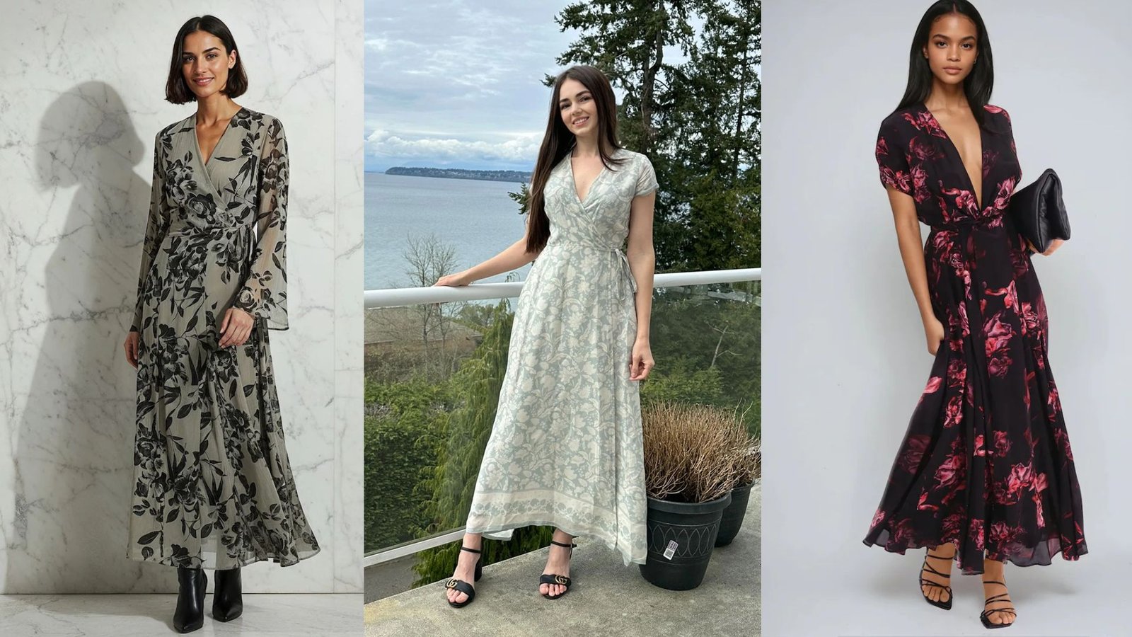 Four distinct black and white dress styles displayed together, showcasing various designs and patterns.