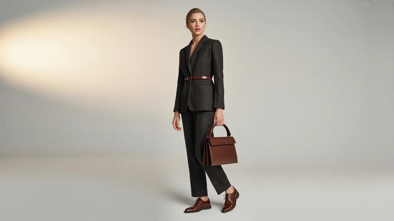 A professional woman dressed in a suit and shoes, carrying a fashionable bag.