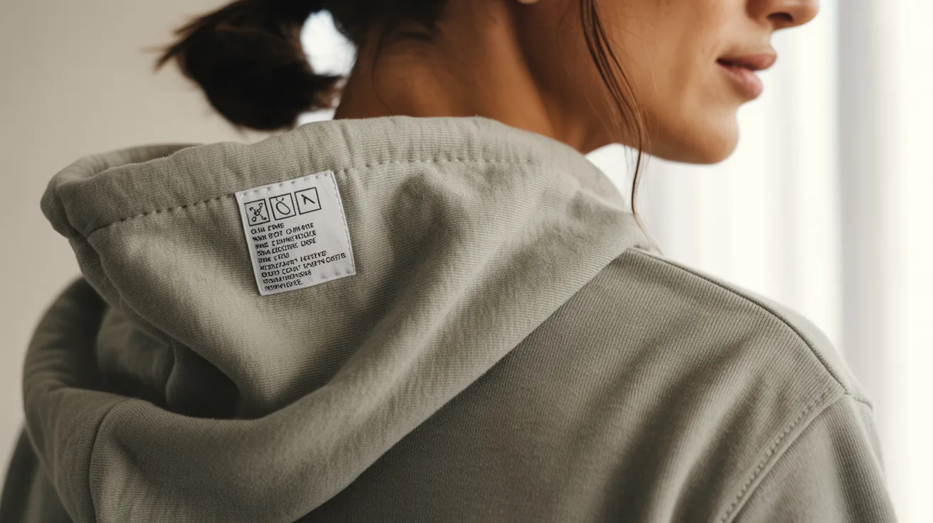 A woman in a hoodie displaying a prominent label, standing against a neutral background.