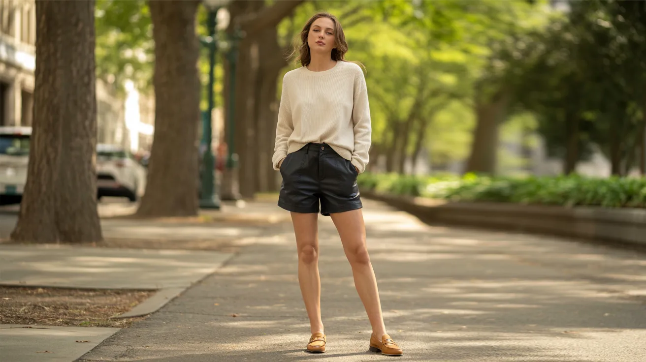  A woman wearing a white sweater and black shorts stands on a street, looking confidently at the camera.