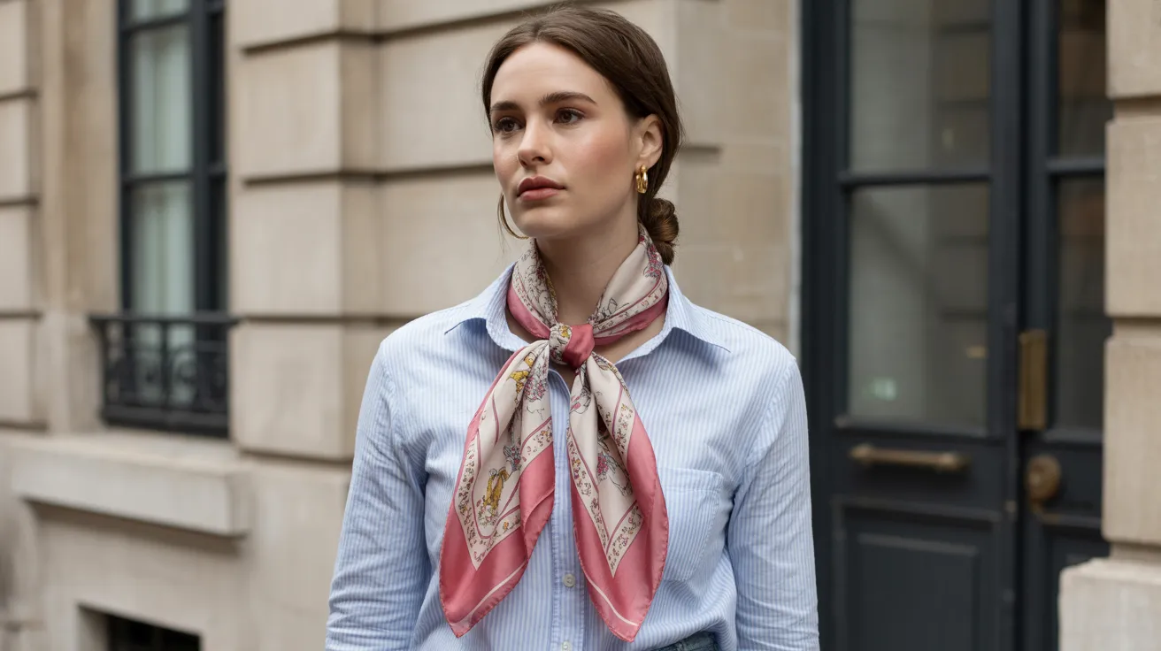 A woman in a pink scarf and blue shirt smiles, showcasing her vibrant outfit against a neutral background.
