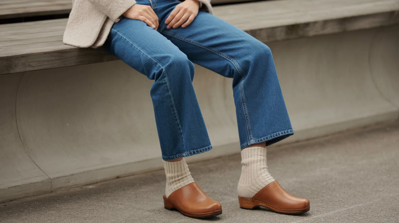 A woman in jeans and a sweater sits on a bench, looking relaxed in a casual outdoor setting.
