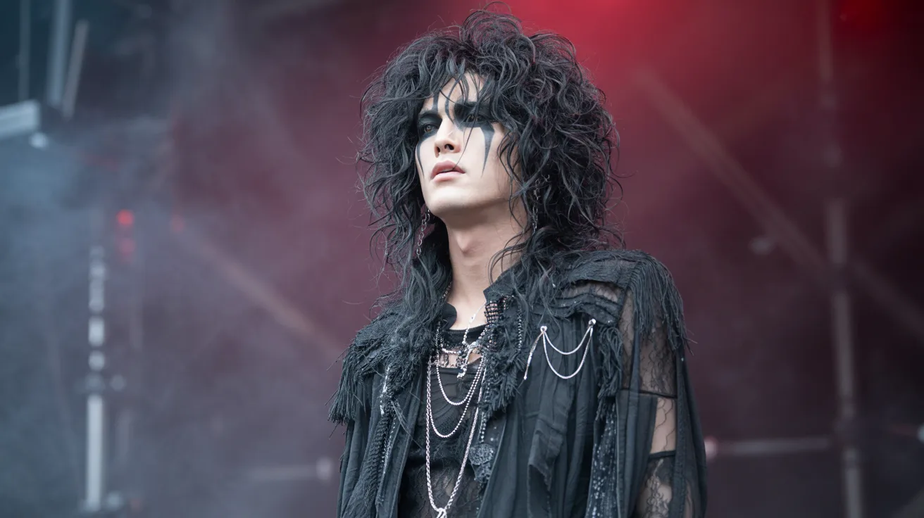A man with long hair dressed in black clothing performs on stage, captivating the audience with his presence.