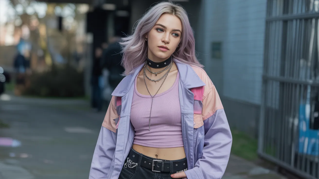 A woman with vibrant purple hair wearing a matching purple jacket, standing confidently against a neutral background.