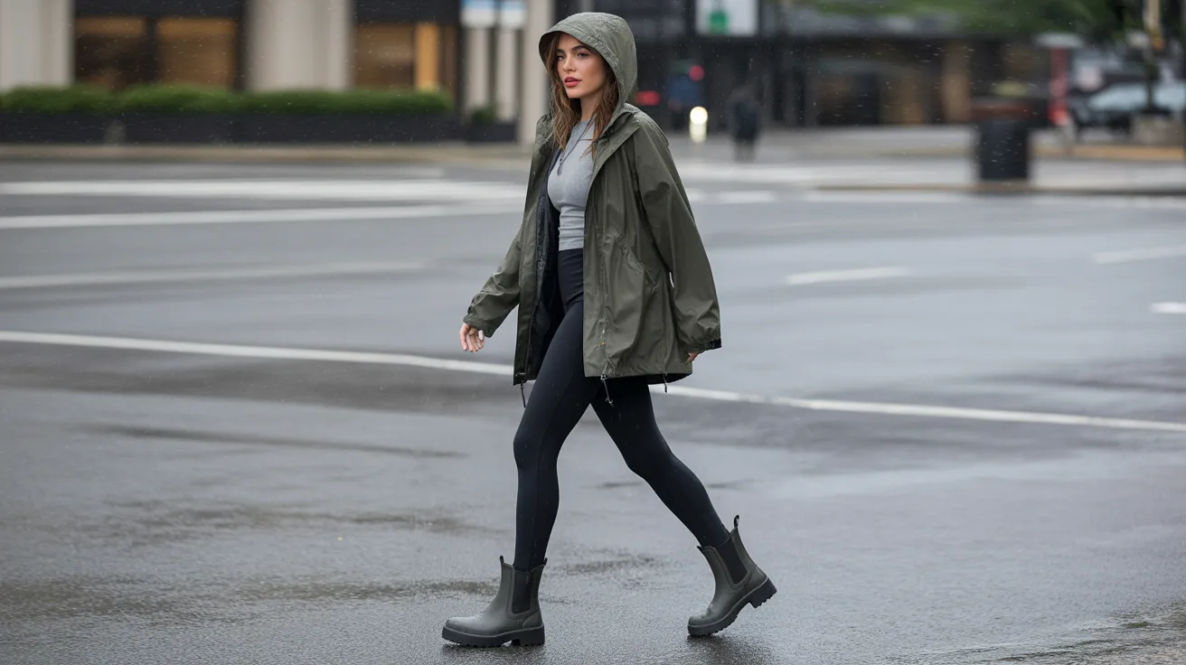 A woman in a green raincoat and black boots is crossing the street on a rainy day.
