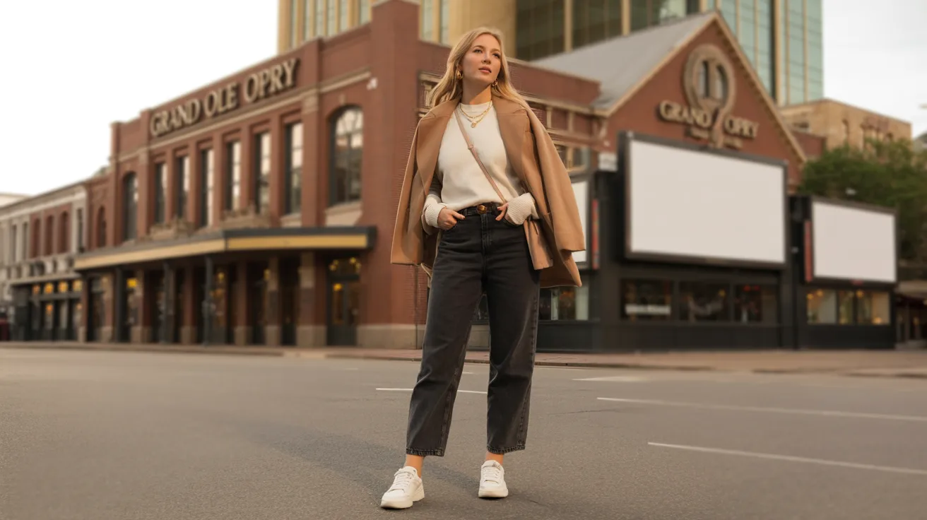 A woman wearing a camel coat and jeans stands confidently on a city street.