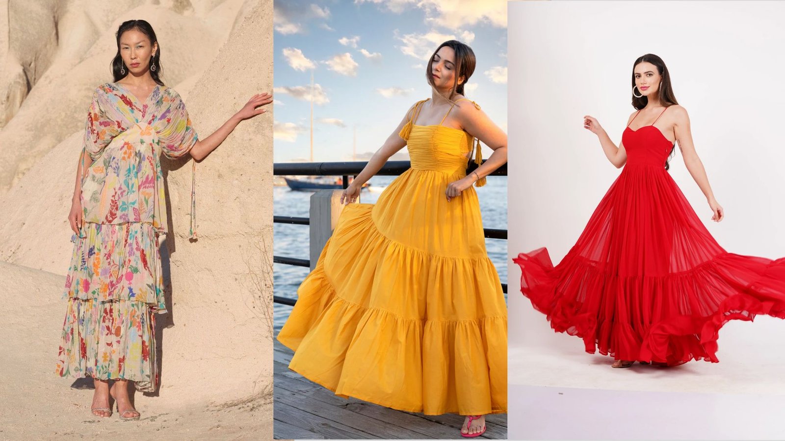 Four images of women showcasing various colored dresses, each highlighting a unique style and design.