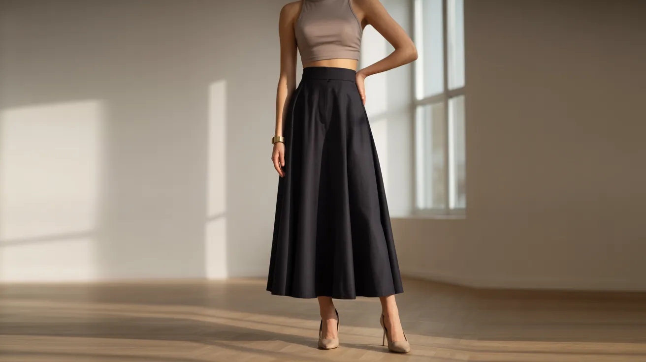 A woman wearing a cropped top and a black skirt stands confidently, showcasing her stylish outfit.