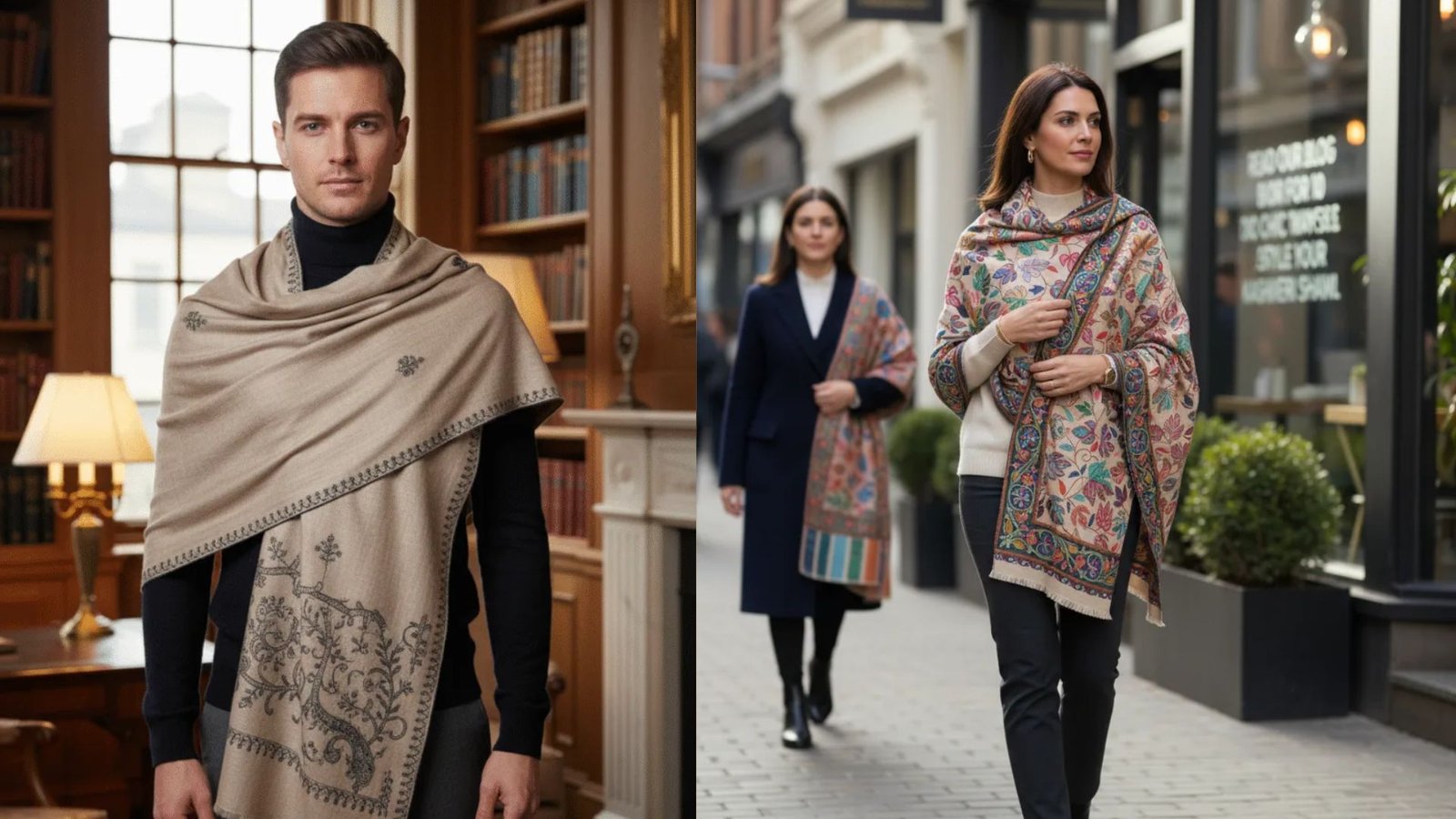 Two images depict a man and woman wearing shawls, strolling together down a lively street.