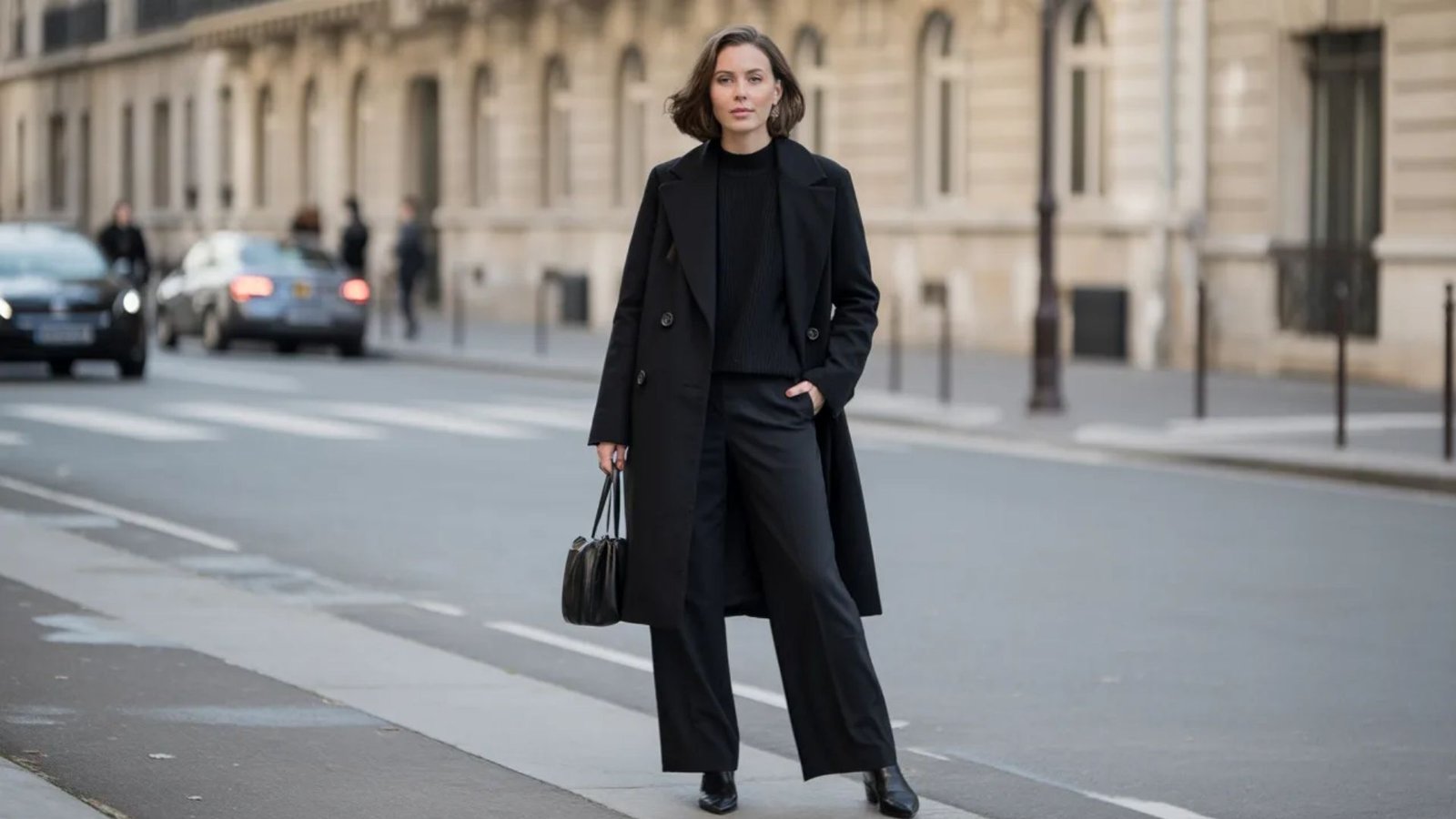 A woman in a black suit and coat stands confidently on a city street, surrounded by urban architecture.