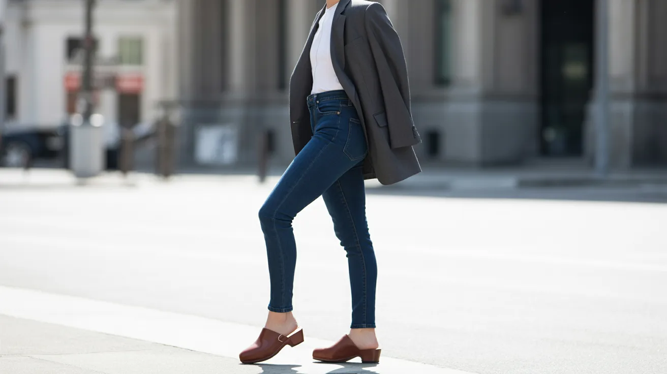 A woman wearing jeans and a blazer walks down the street, embodying a modern and chic urban look.