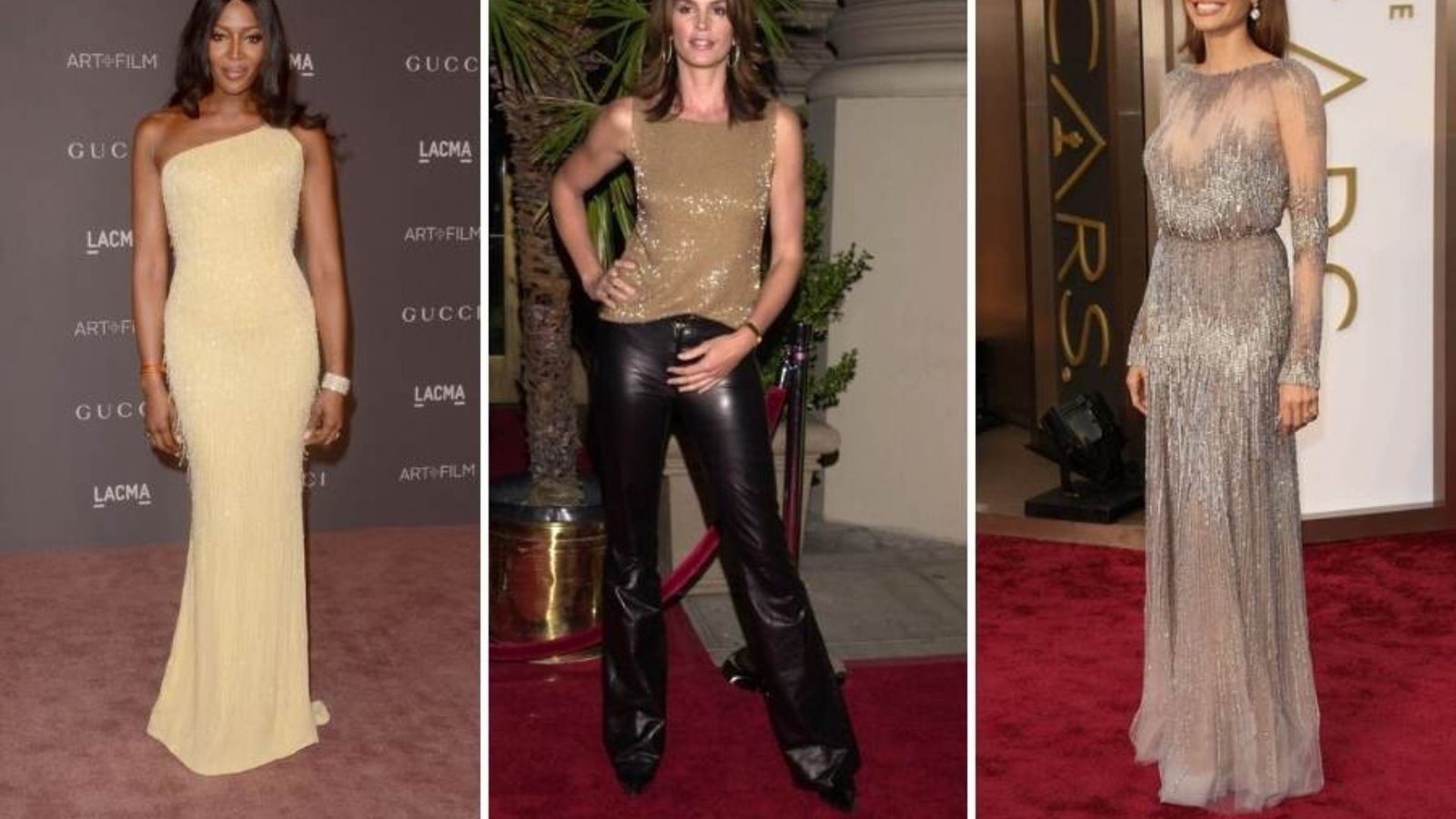 Celebrities wearing elegant gold and silver dresses pose together at a glamorous event.