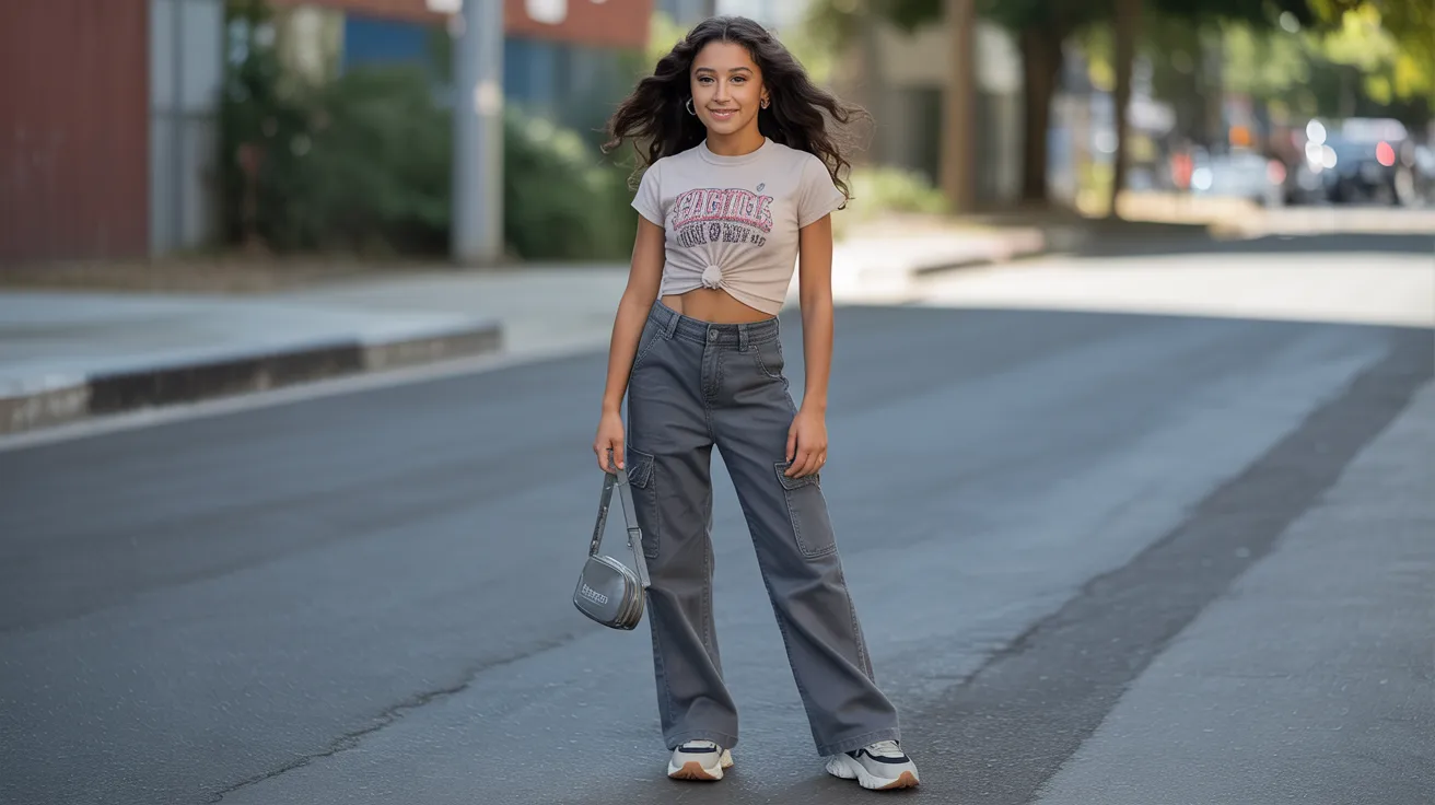 A woman wearing a crop top and pants stands confidently on a city street, surrounded by urban scenery.