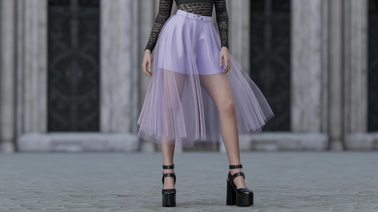 A woman wearing a black top and a flowing purple skirt stands confidently, showcasing her stylish outfit.