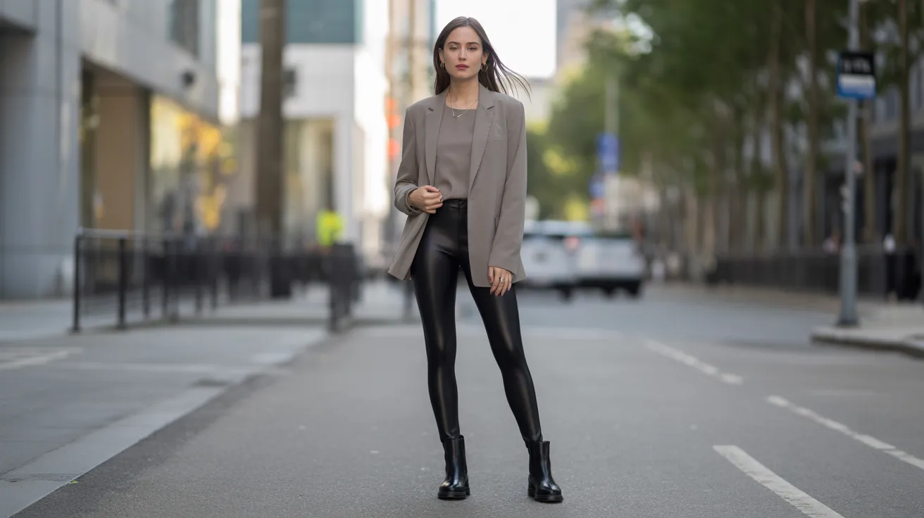 A woman wearing black leather pants and a sweater stands confidently on a city street.