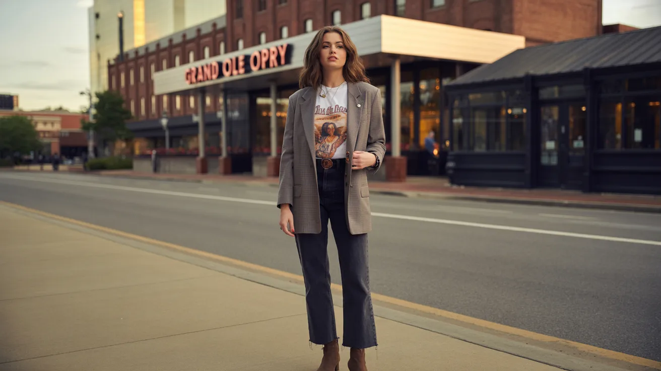 A woman wearing a t-shirt and jacket stands on the sidewalk, looking ahead with a neutral expression.